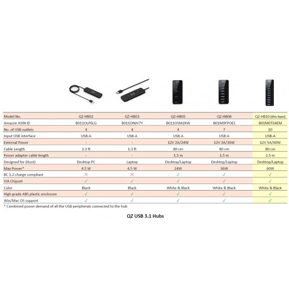 Buy QZ Active Powered USB 3.1 Hub, 10 Port USB Hub with Power Adapter ...